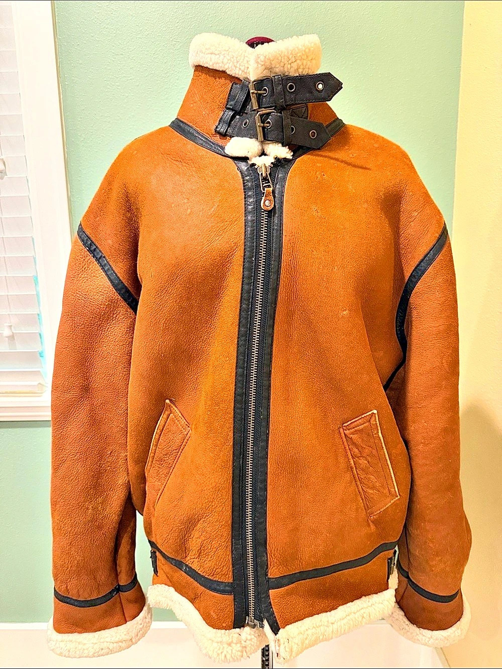 Vintage JF Collection London brown leather aviator bomber jacket with original s